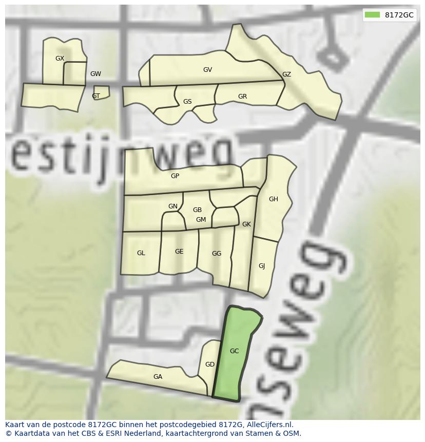 Afbeelding van het postcodegebied 8172 GC op de kaart.