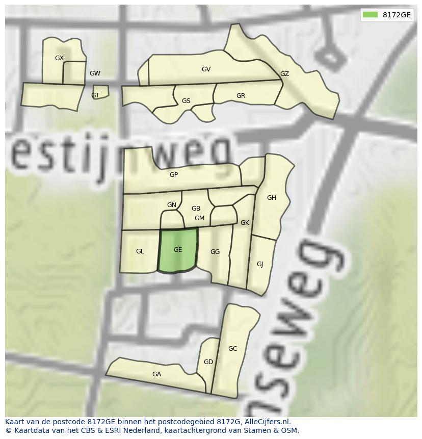 Afbeelding van het postcodegebied 8172 GE op de kaart.