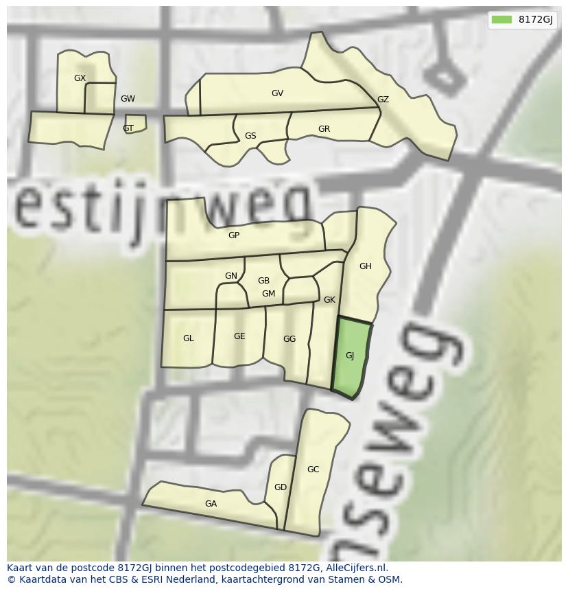 Afbeelding van het postcodegebied 8172 GJ op de kaart.