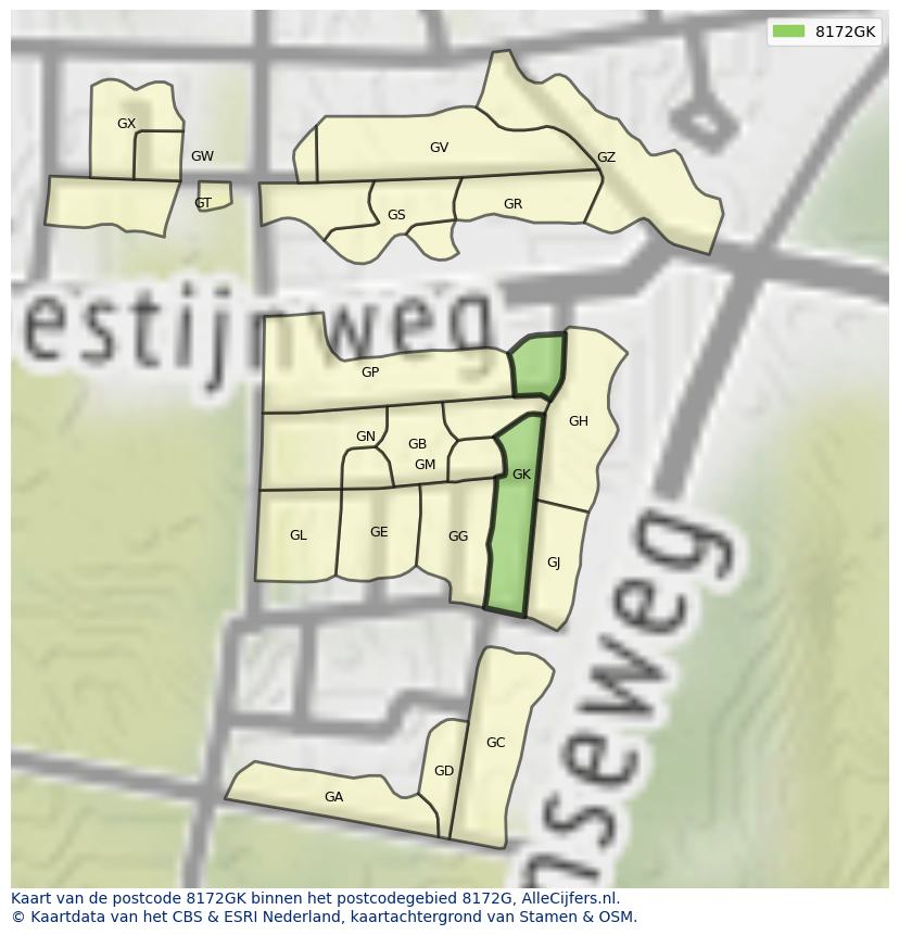 Afbeelding van het postcodegebied 8172 GK op de kaart.