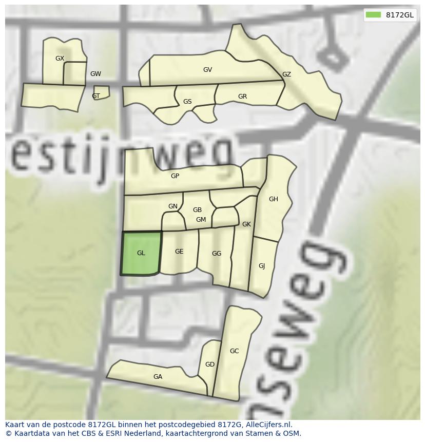 Afbeelding van het postcodegebied 8172 GL op de kaart.
