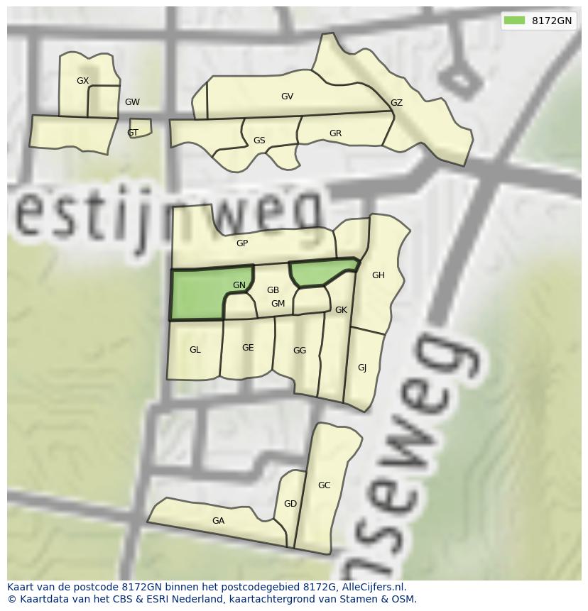 Afbeelding van het postcodegebied 8172 GN op de kaart.
