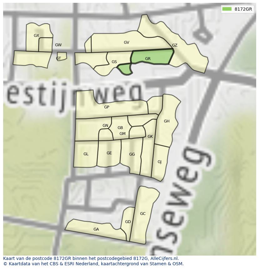 Afbeelding van het postcodegebied 8172 GR op de kaart.