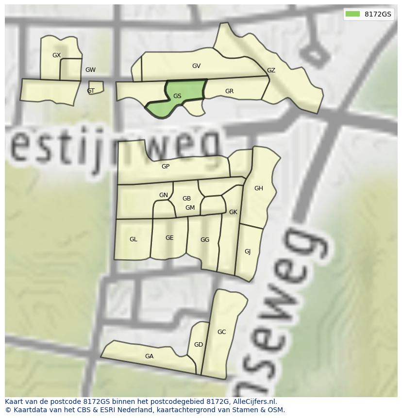 Afbeelding van het postcodegebied 8172 GS op de kaart.