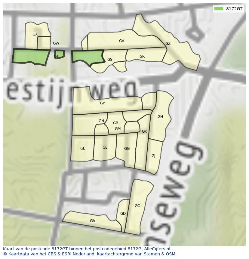 Afbeelding van het postcodegebied 8172 GT op de kaart.