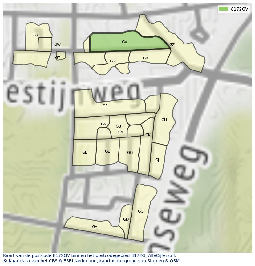 Afbeelding van het postcodegebied 8172 GV op de kaart.