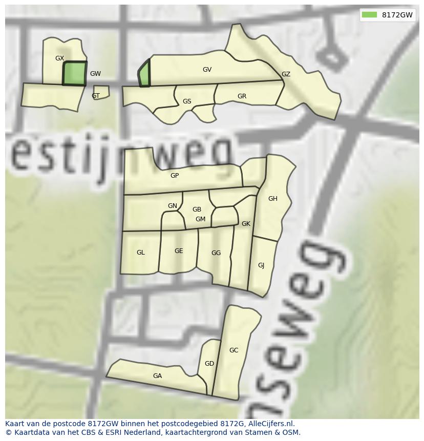 Afbeelding van het postcodegebied 8172 GW op de kaart.