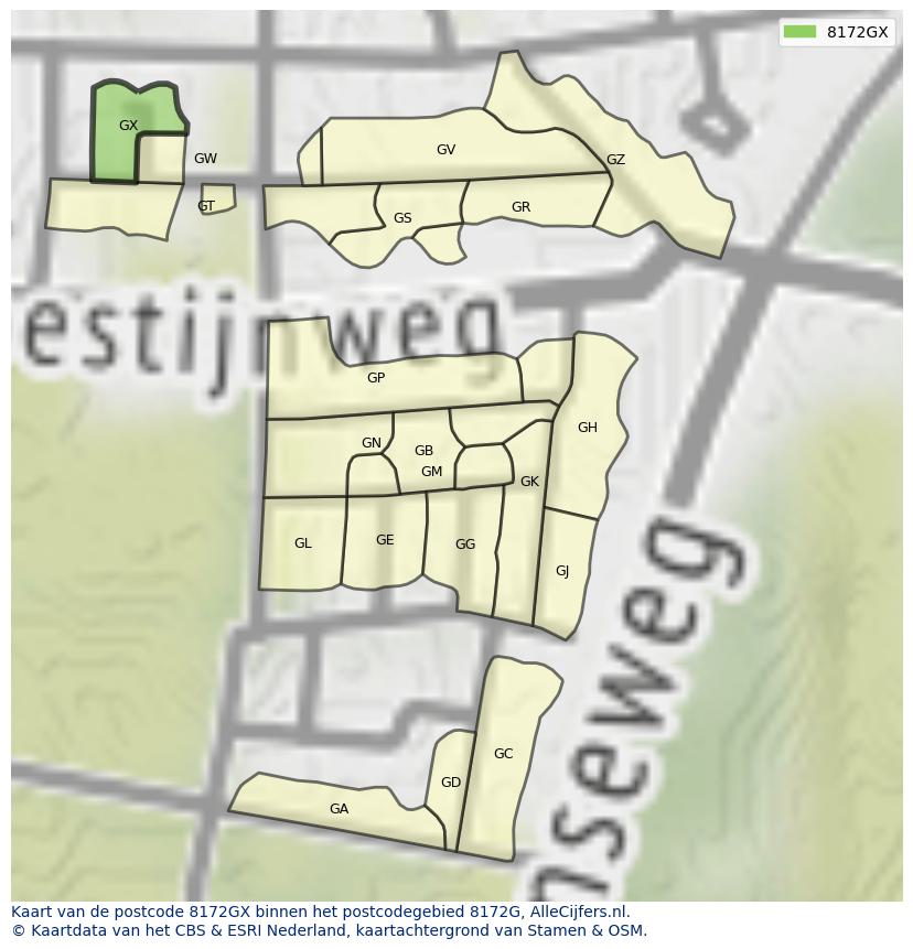 Afbeelding van het postcodegebied 8172 GX op de kaart.