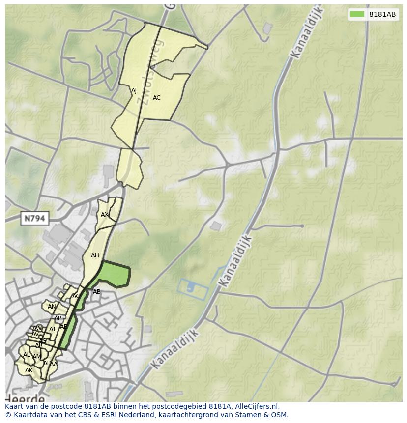 Afbeelding van het postcodegebied 8181 AB op de kaart.