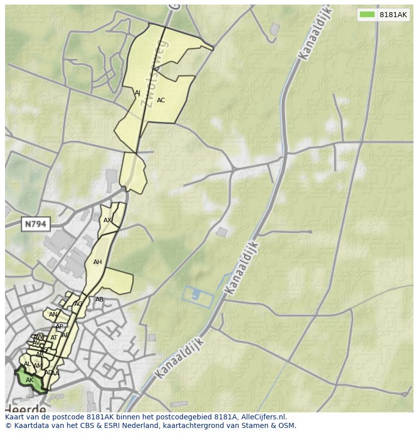 Afbeelding van het postcodegebied 8181 AK op de kaart.