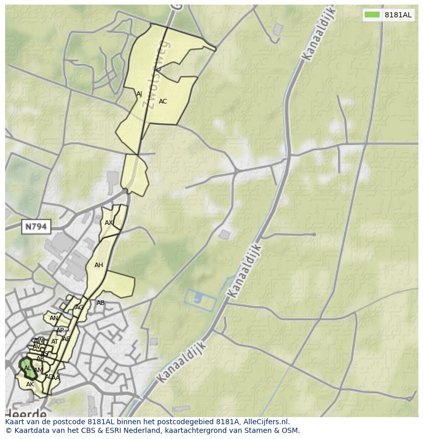 Afbeelding van het postcodegebied 8181 AL op de kaart.