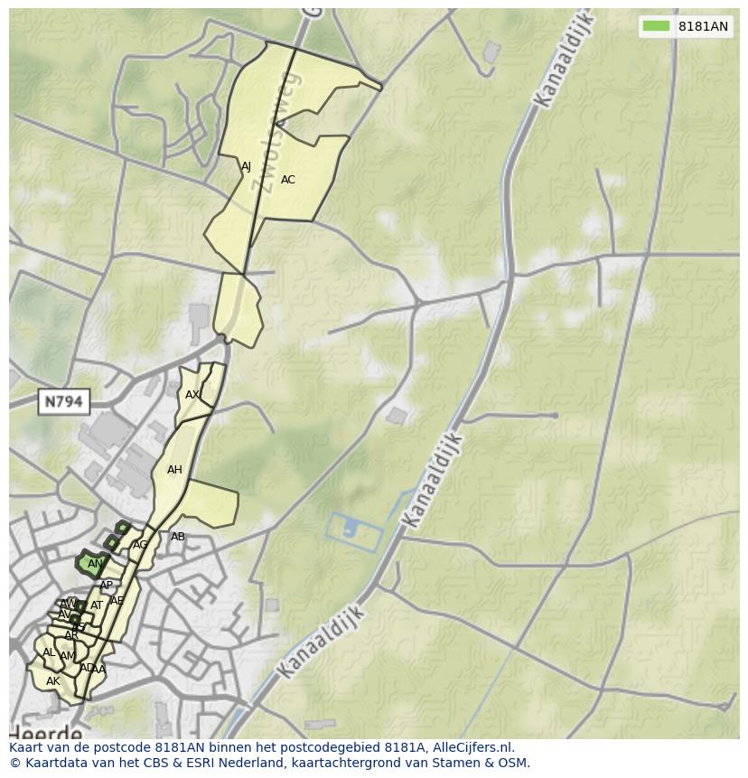 Afbeelding van het postcodegebied 8181 AN op de kaart.