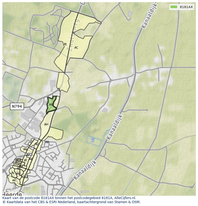 Afbeelding van het postcodegebied 8181 AX op de kaart.