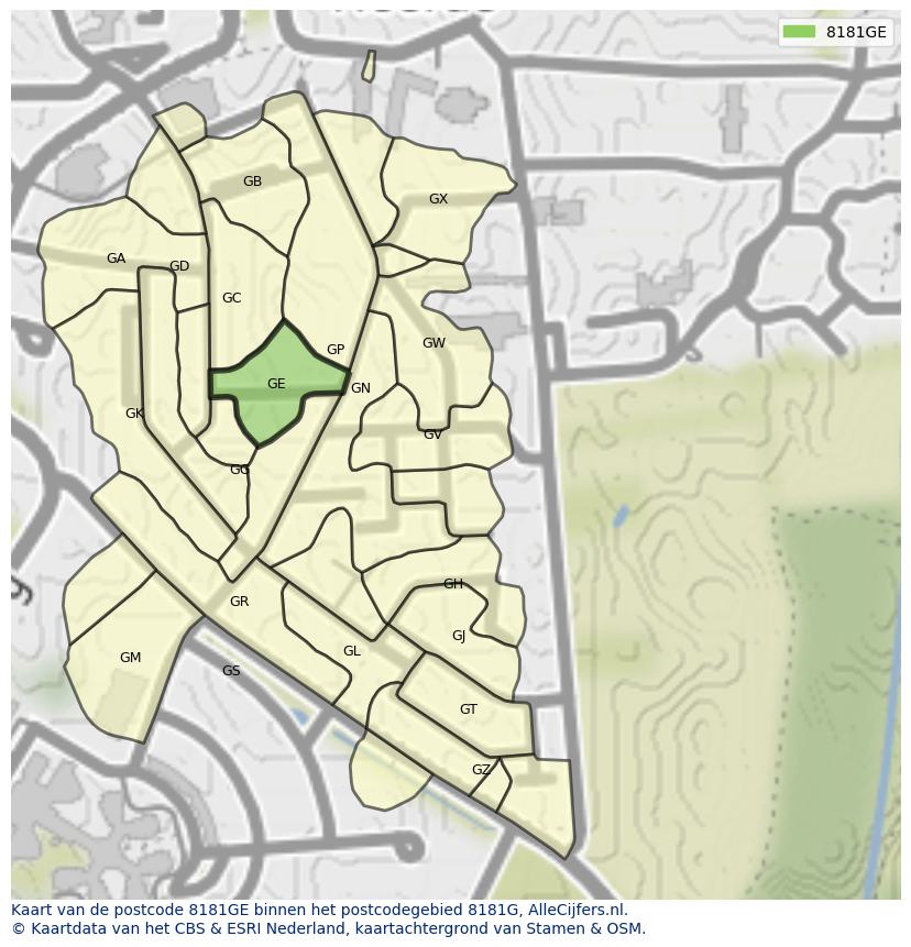 Afbeelding van het postcodegebied 8181 GE op de kaart.