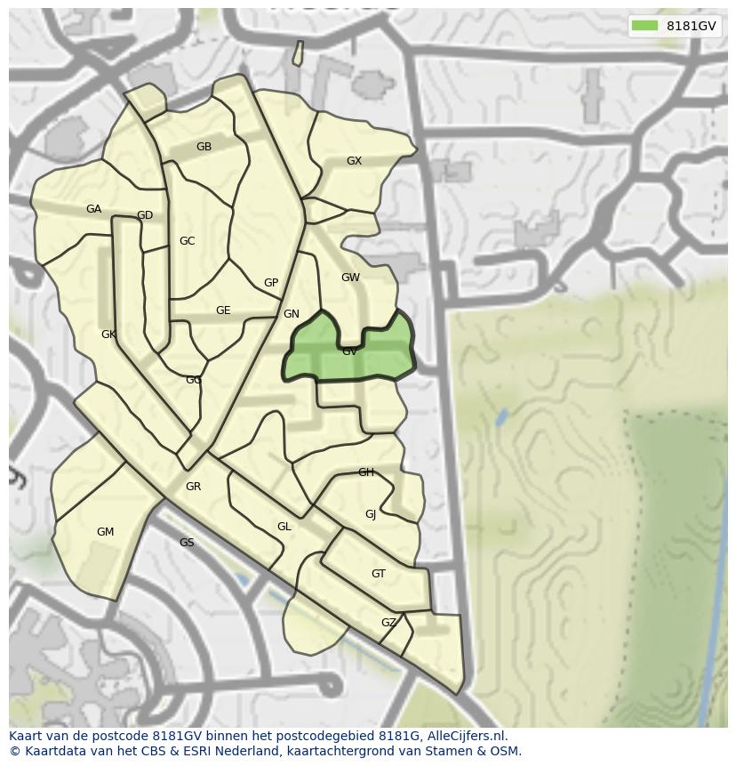 Afbeelding van het postcodegebied 8181 GV op de kaart.