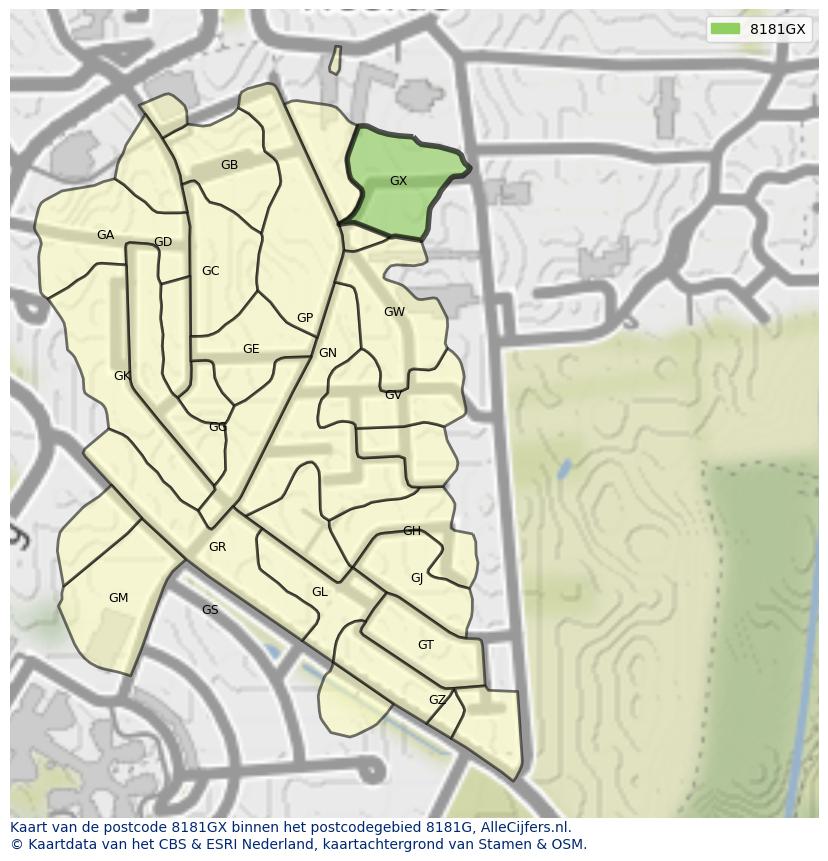 Afbeelding van het postcodegebied 8181 GX op de kaart.