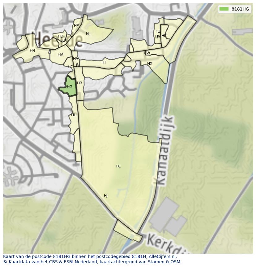 Afbeelding van het postcodegebied 8181 HG op de kaart.