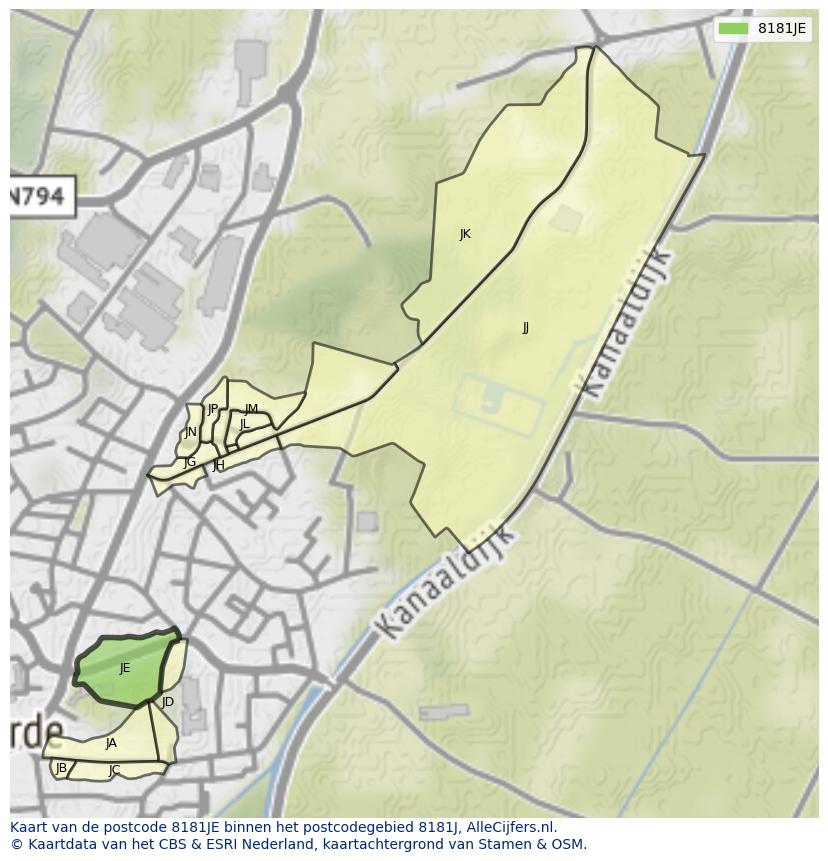 Afbeelding van het postcodegebied 8181 JE op de kaart.