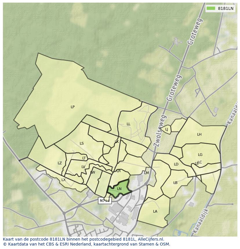 Afbeelding van het postcodegebied 8181 LN op de kaart.