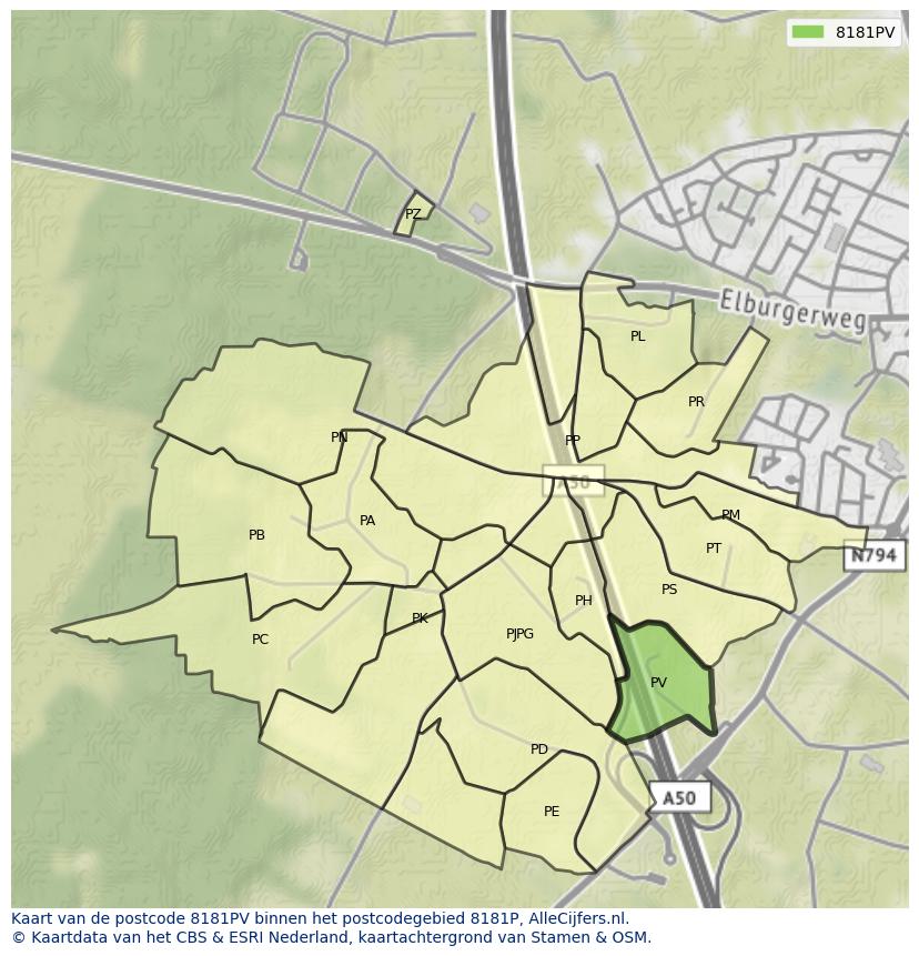 Afbeelding van het postcodegebied 8181 PV op de kaart.