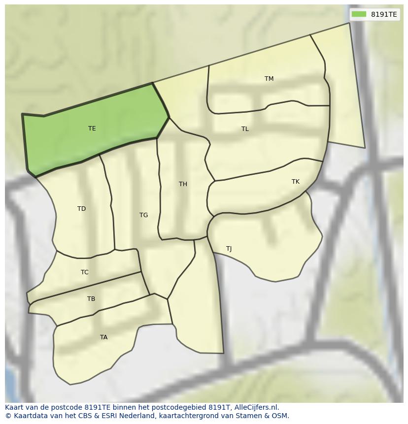 Afbeelding van het postcodegebied 8191 TE op de kaart.