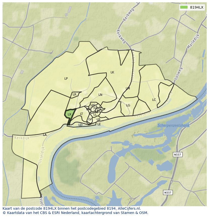 Afbeelding van het postcodegebied 8194 LX op de kaart.