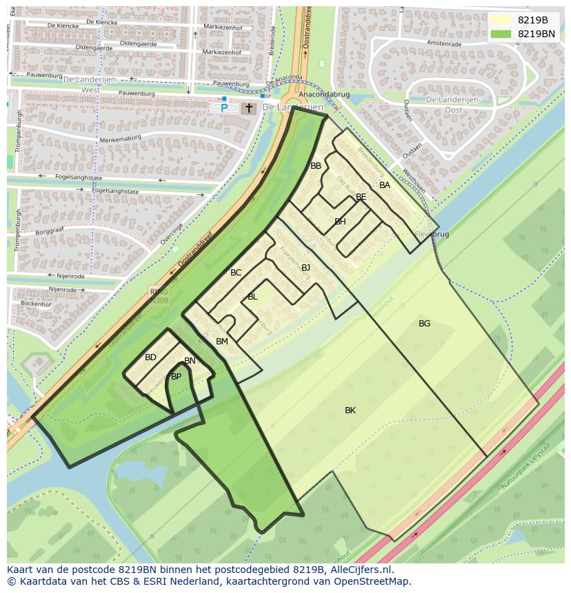 Afbeelding van het postcodegebied 8219 BN op de kaart.