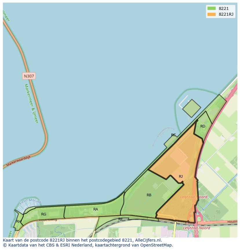 Afbeelding van het postcodegebied 8221 RJ op de kaart.