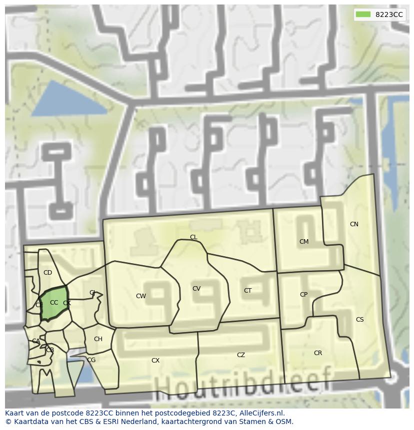 Afbeelding van het postcodegebied 8223 CC op de kaart.