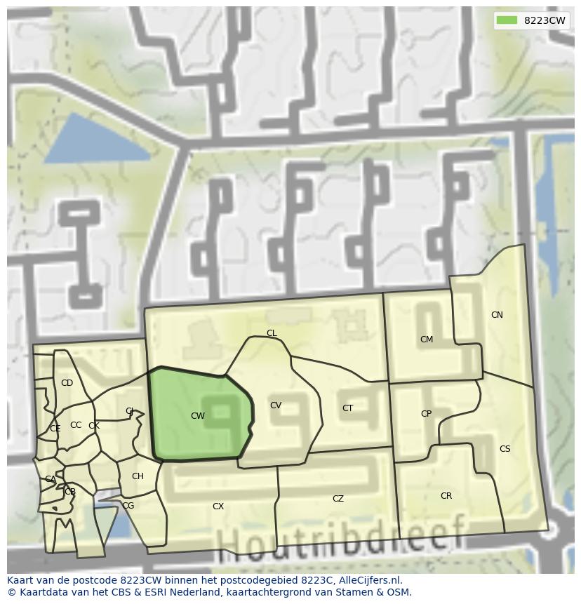 Afbeelding van het postcodegebied 8223 CW op de kaart.