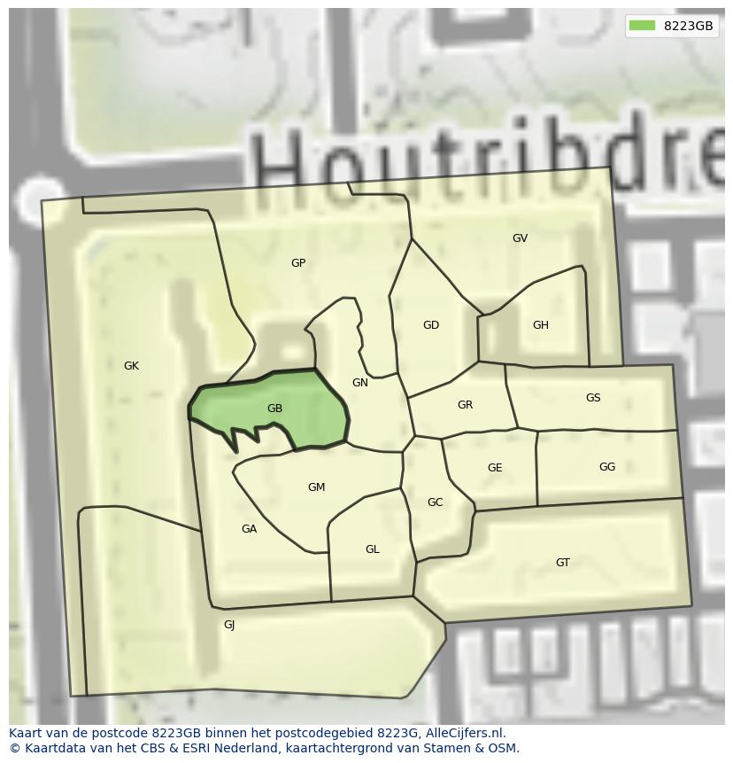 Afbeelding van het postcodegebied 8223 GB op de kaart.