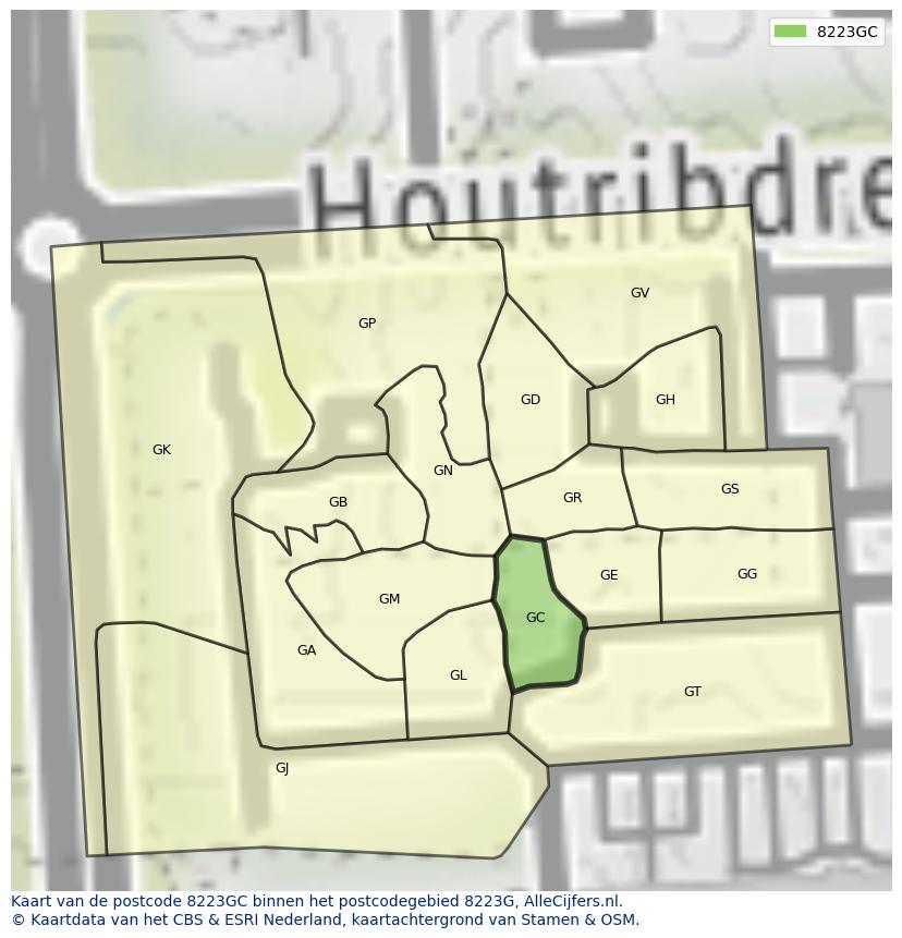 Afbeelding van het postcodegebied 8223 GC op de kaart.