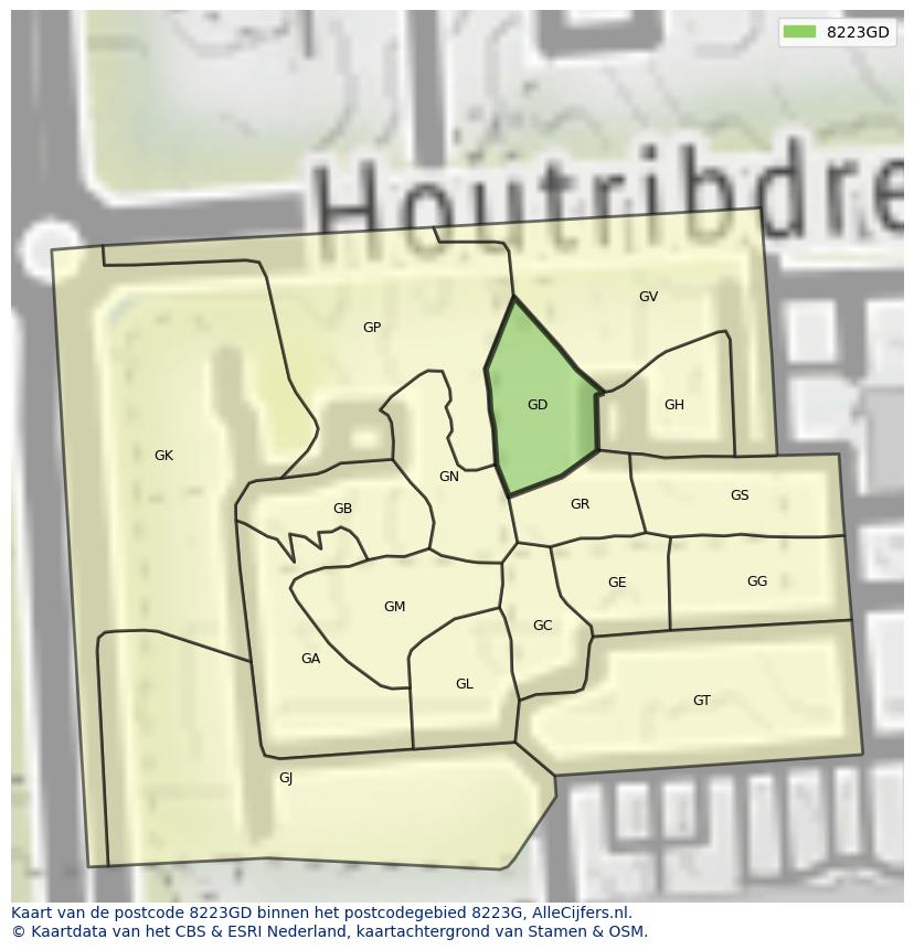 Afbeelding van het postcodegebied 8223 GD op de kaart.