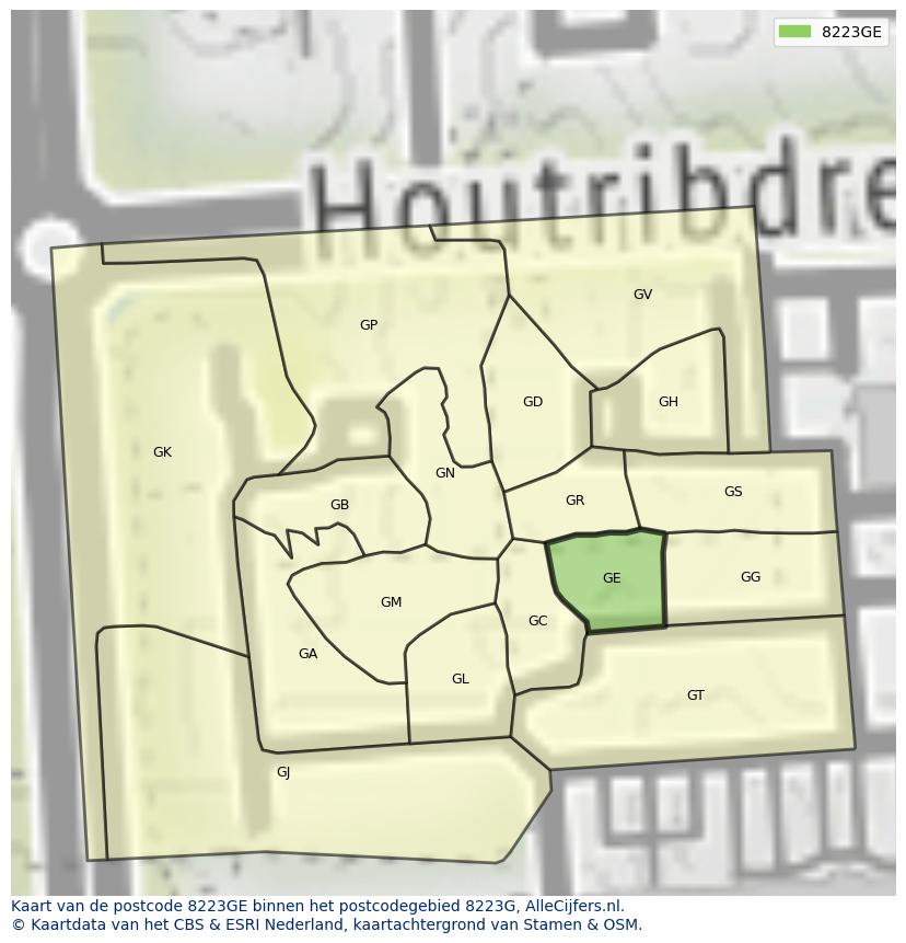 Afbeelding van het postcodegebied 8223 GE op de kaart.