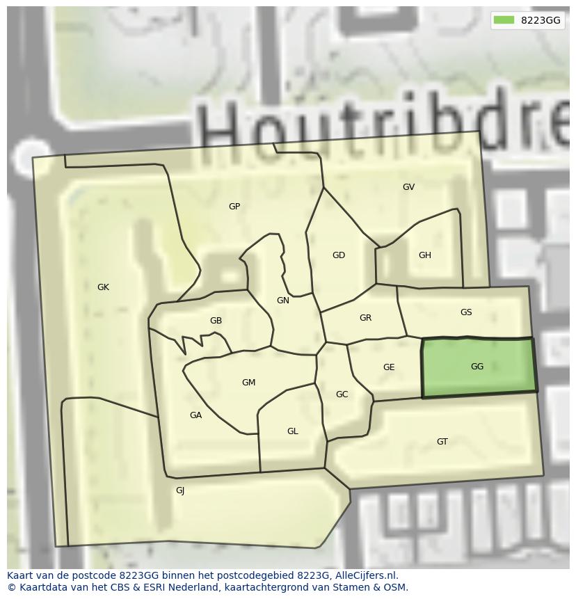 Afbeelding van het postcodegebied 8223 GG op de kaart.