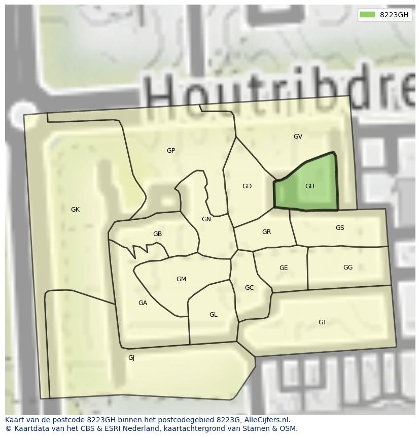 Afbeelding van het postcodegebied 8223 GH op de kaart.