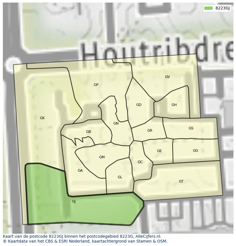 Afbeelding van het postcodegebied 8223 GJ op de kaart.