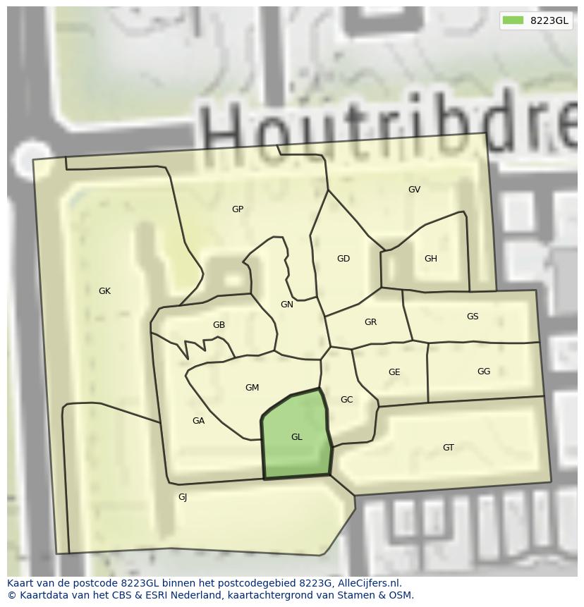Afbeelding van het postcodegebied 8223 GL op de kaart.
