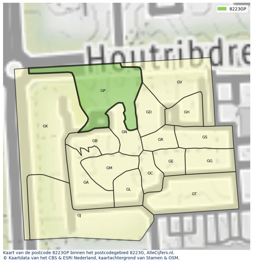 Afbeelding van het postcodegebied 8223 GP op de kaart.
