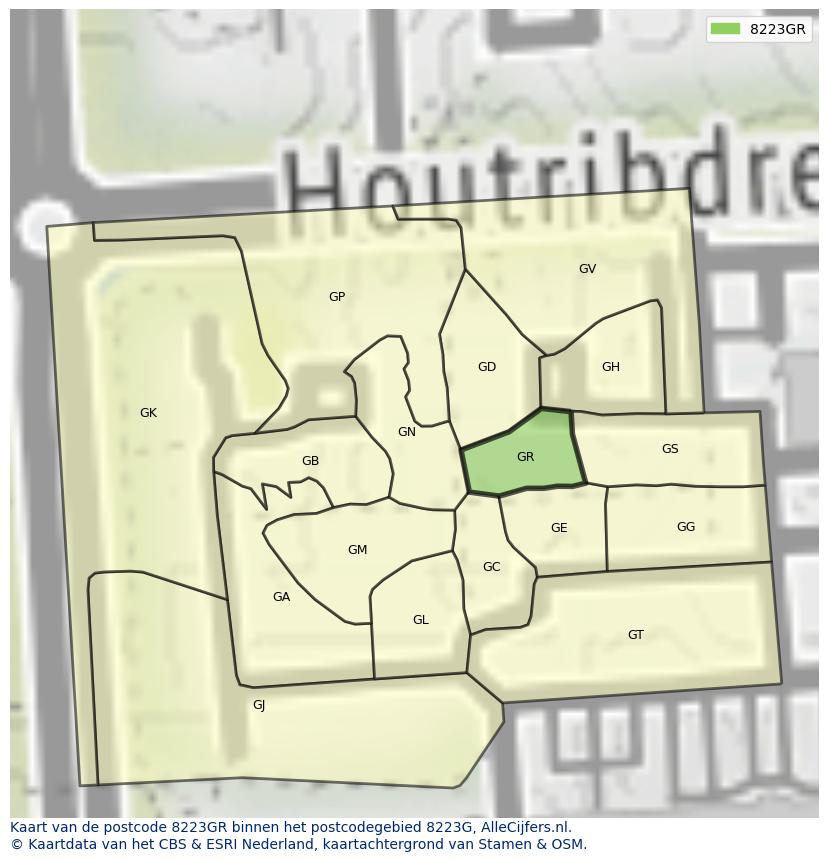 Afbeelding van het postcodegebied 8223 GR op de kaart.