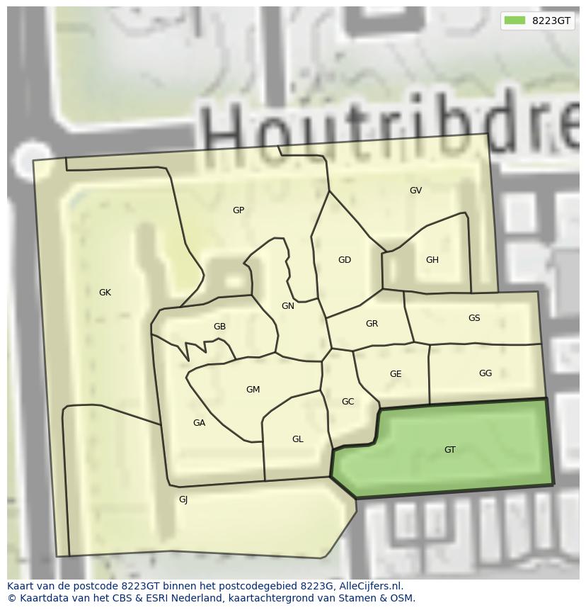 Afbeelding van het postcodegebied 8223 GT op de kaart.