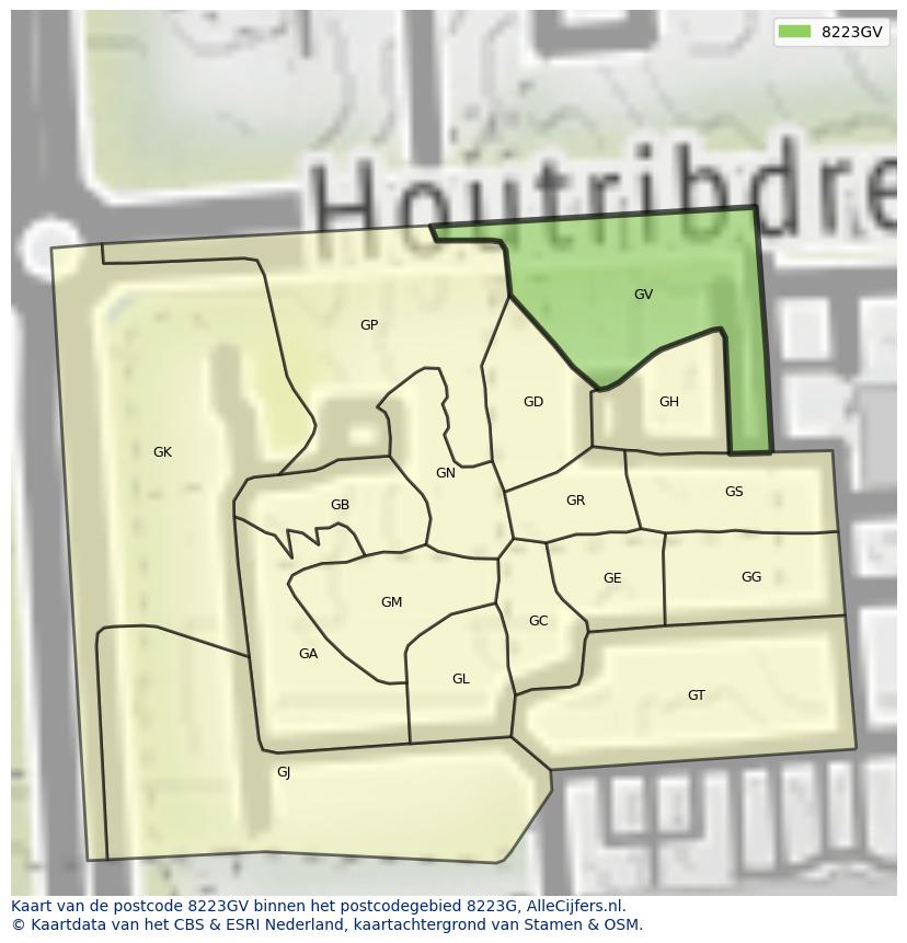 Afbeelding van het postcodegebied 8223 GV op de kaart.