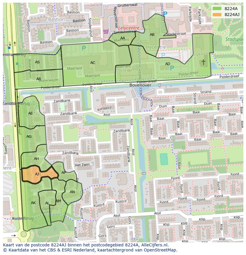 Afbeelding van het postcodegebied 8224 AJ op de kaart.