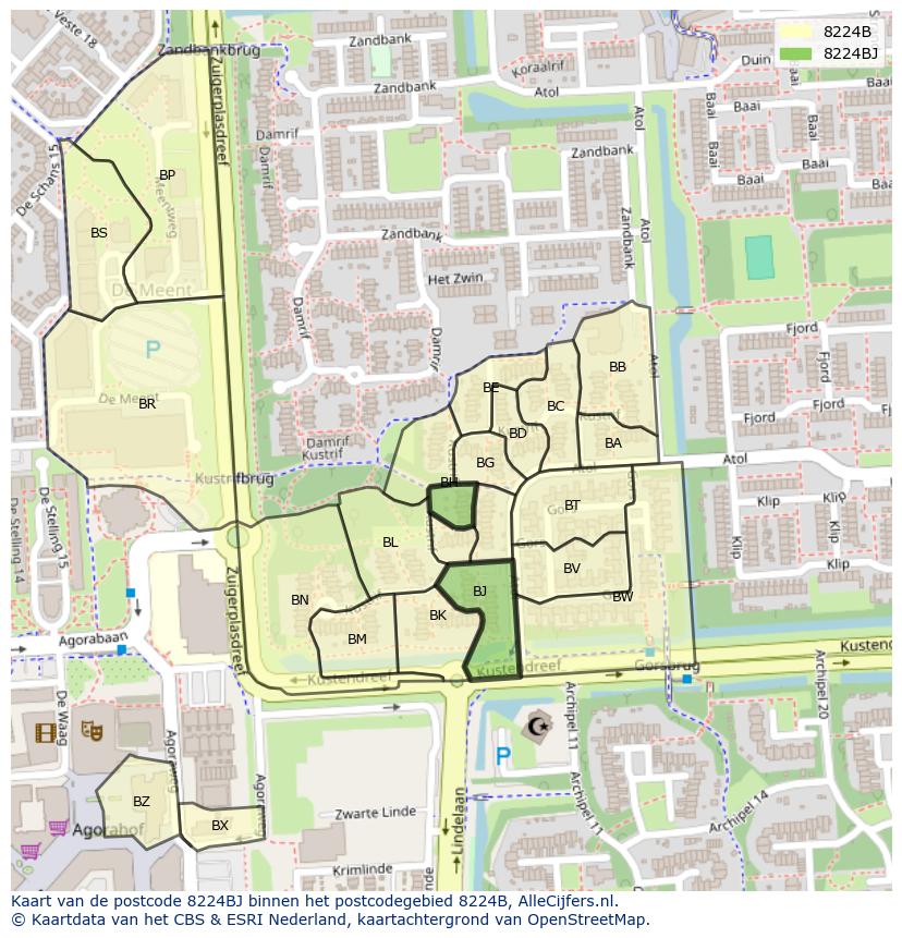 Afbeelding van het postcodegebied 8224 BJ op de kaart.
