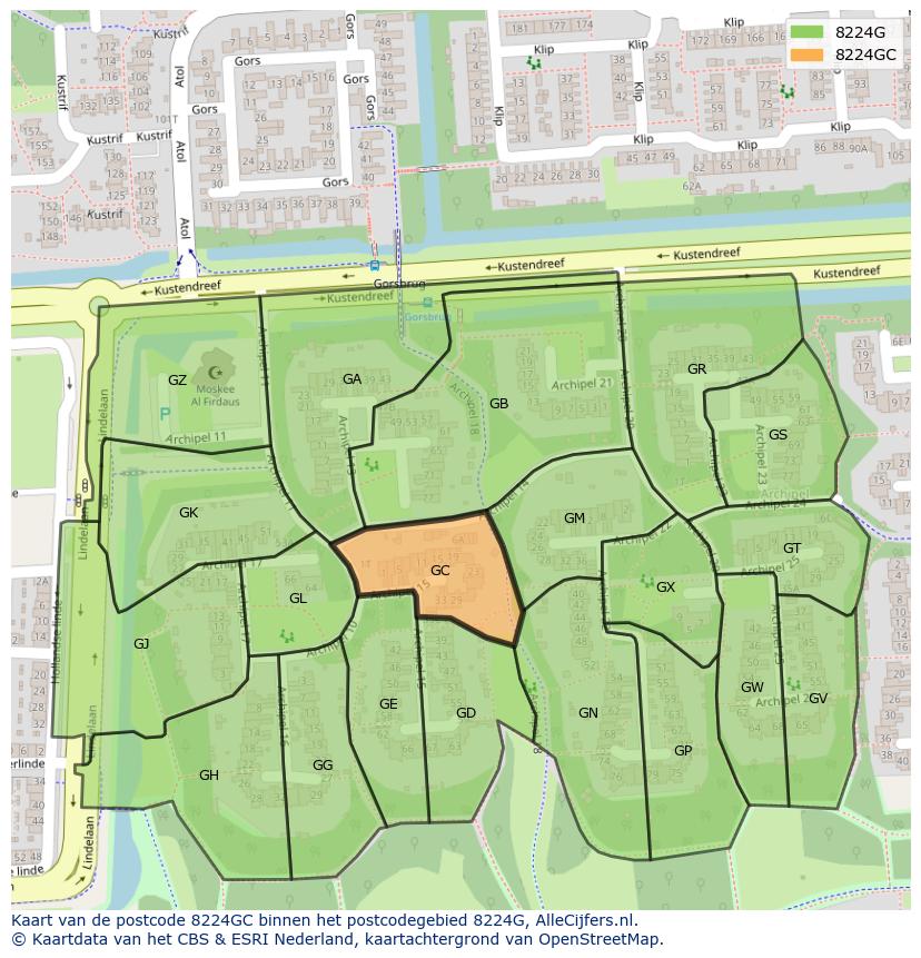 Afbeelding van het postcodegebied 8224 GC op de kaart.
