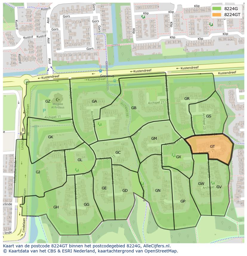 Afbeelding van het postcodegebied 8224 GT op de kaart.