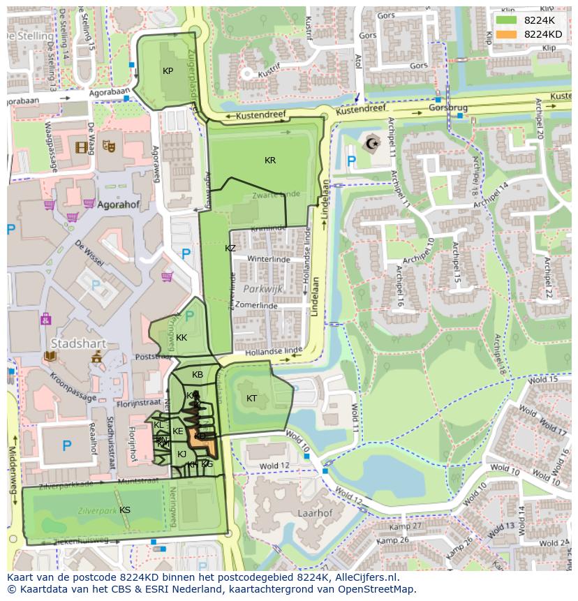Afbeelding van het postcodegebied 8224 KD op de kaart.