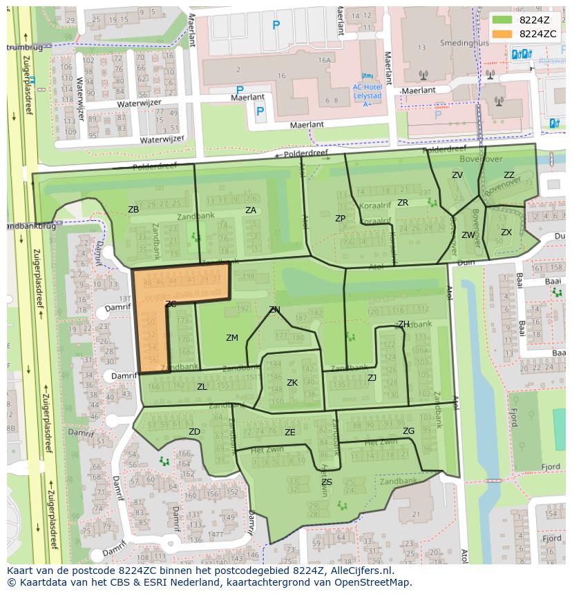 Afbeelding van het postcodegebied 8224 ZC op de kaart.