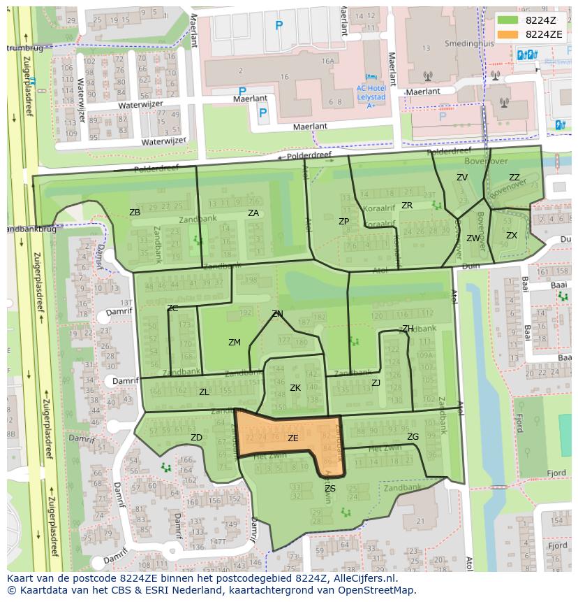 Afbeelding van het postcodegebied 8224 ZE op de kaart.