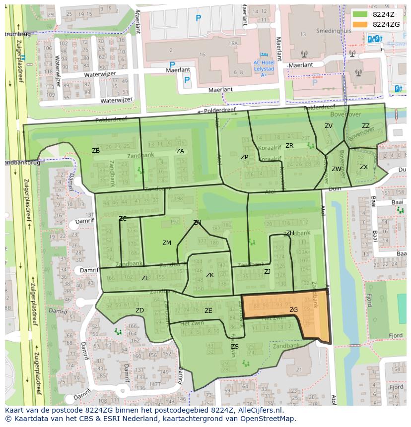 Afbeelding van het postcodegebied 8224 ZG op de kaart.